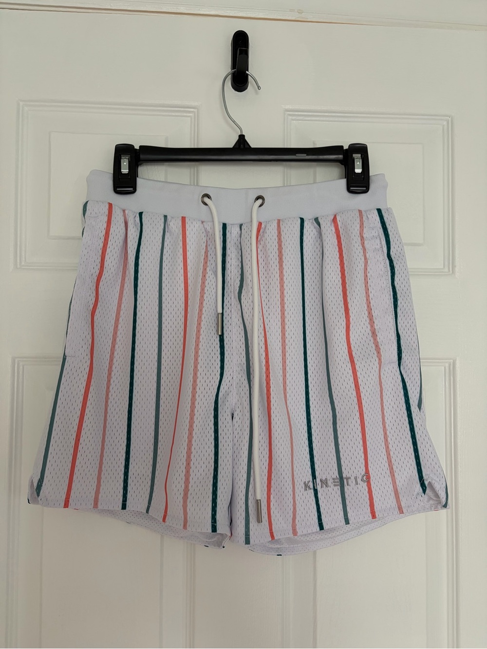 Kinetic Men’s Athletic Shorts in White with Green & Orange Stripes